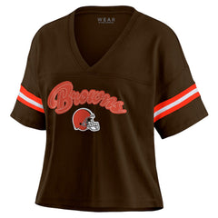 Cleveland Browns WEAR by Erin Andrews Women's Color Block Boxy Modest Crop V-Neck T-Shirt Brown | NFL