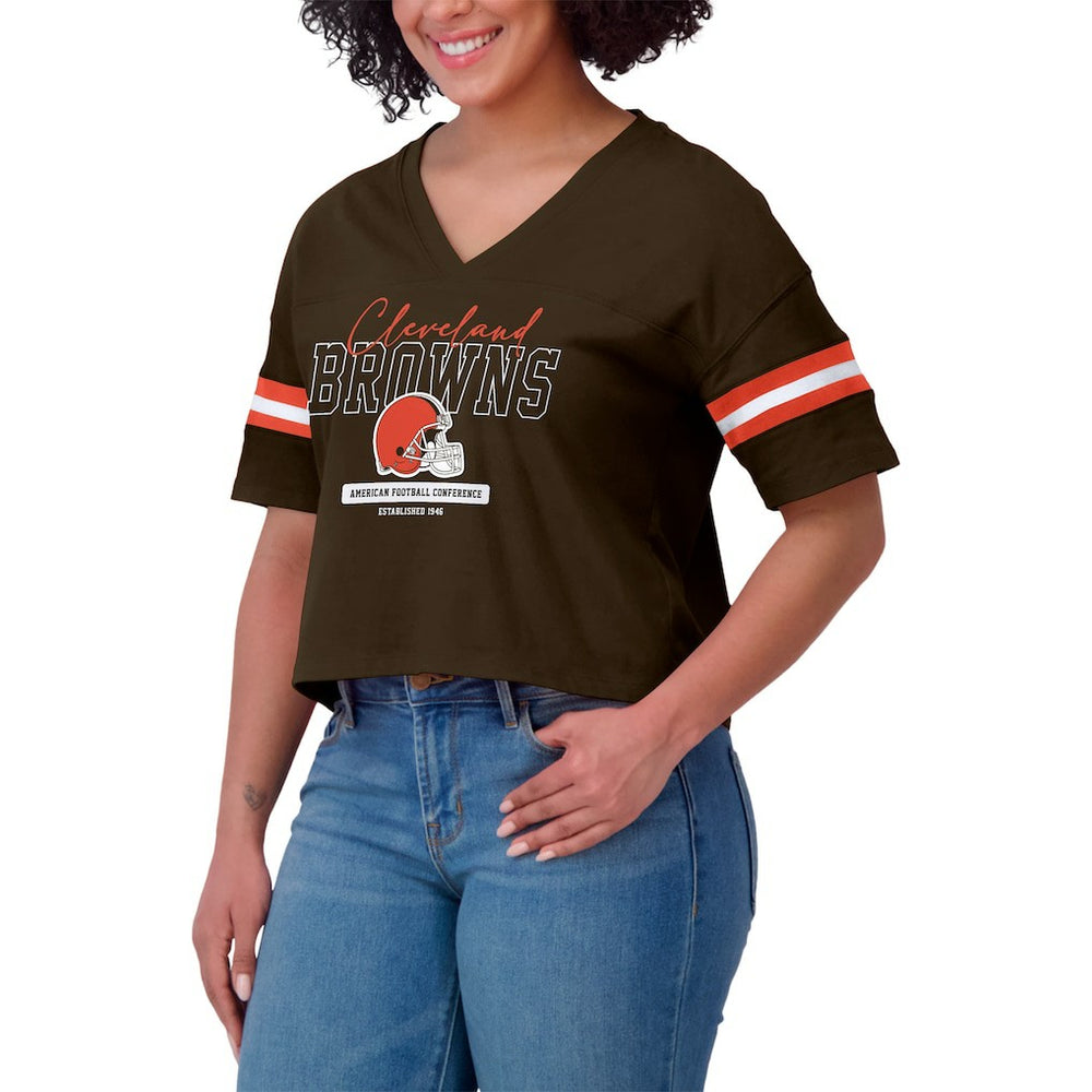 Cleveland Browns WEAR by Erin Andrews Women's Color Block Boxy Modest Crop V-Neck T-Shirt Brown | NFL