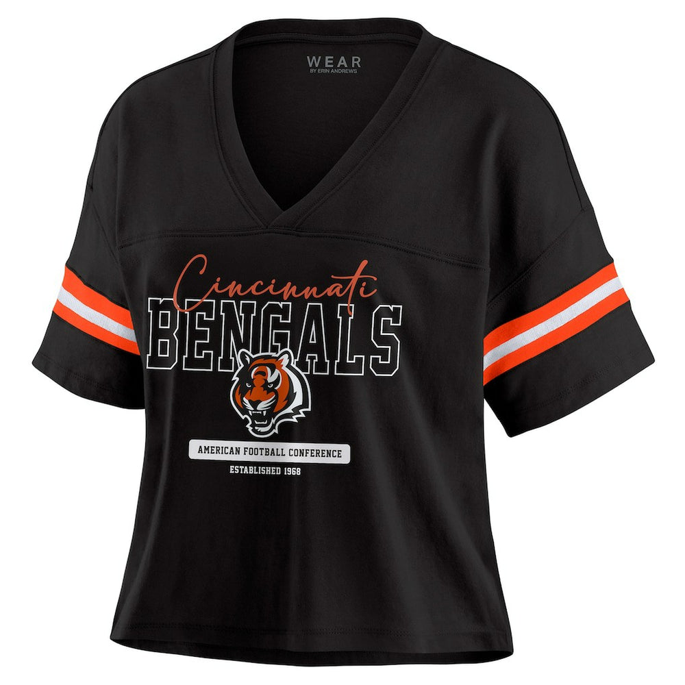 Cincinnati Bengals WEAR by Erin Andrews Women's Color Block Boxy Modest Crop V-Neck T-Shirt Black | NFL