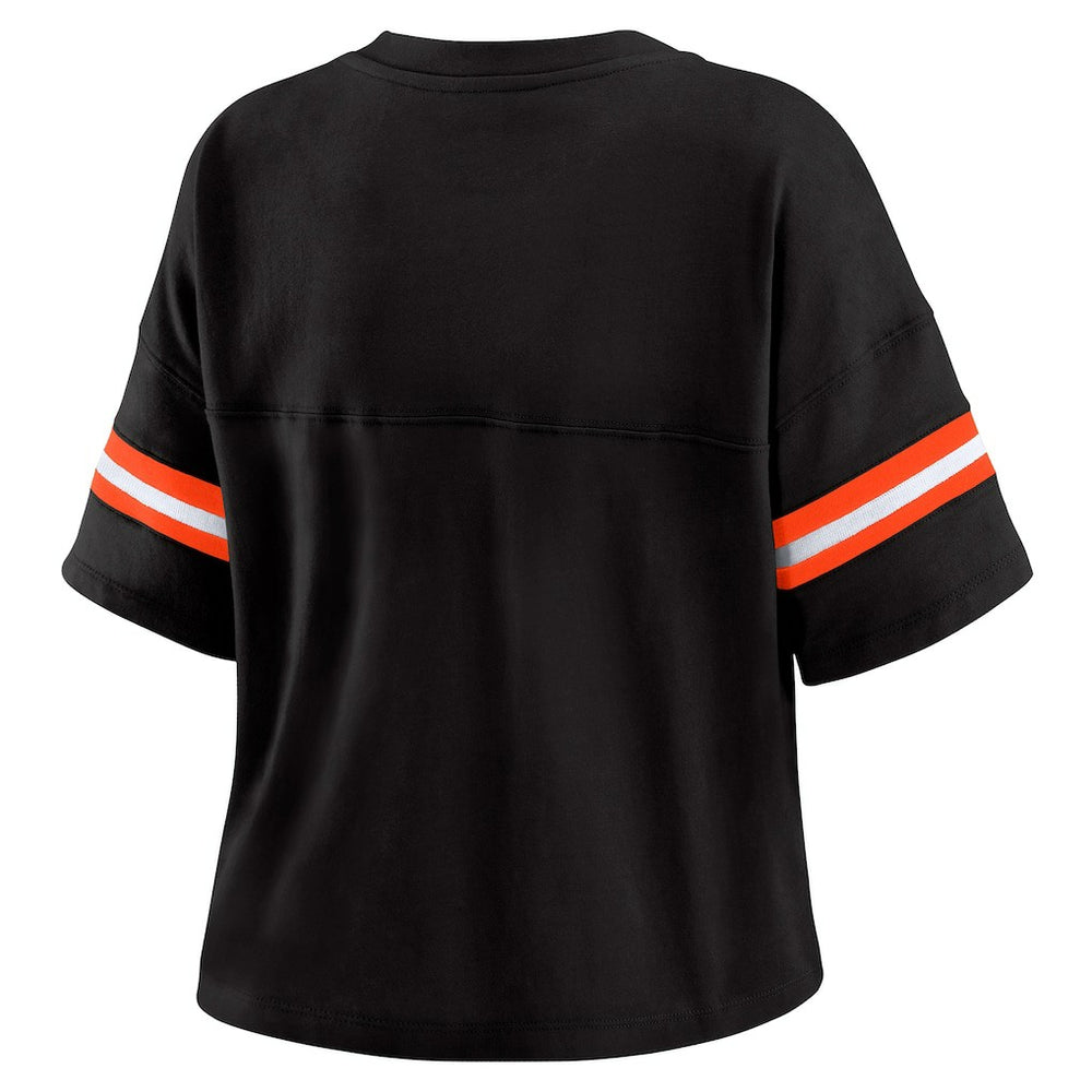 Cincinnati Bengals WEAR by Erin Andrews Women's Color Block Boxy Modest Crop V-Neck T-Shirt Black | NFL