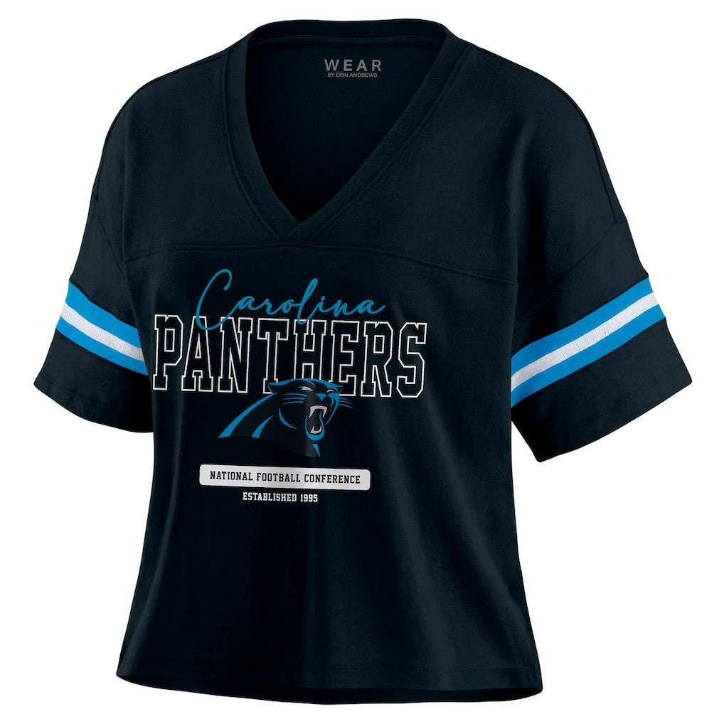 Carolina Panthers WEAR by Erin Andrews Women's Color Block Boxy Modest Crop V-Neck T-Shirt Black | NFL