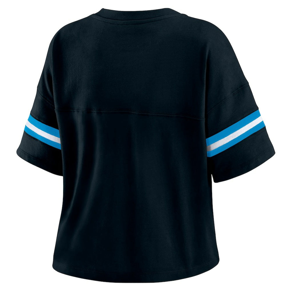 Carolina Panthers WEAR by Erin Andrews Women's Color Block Boxy Modest Crop V-Neck T-Shirt Black | NFL