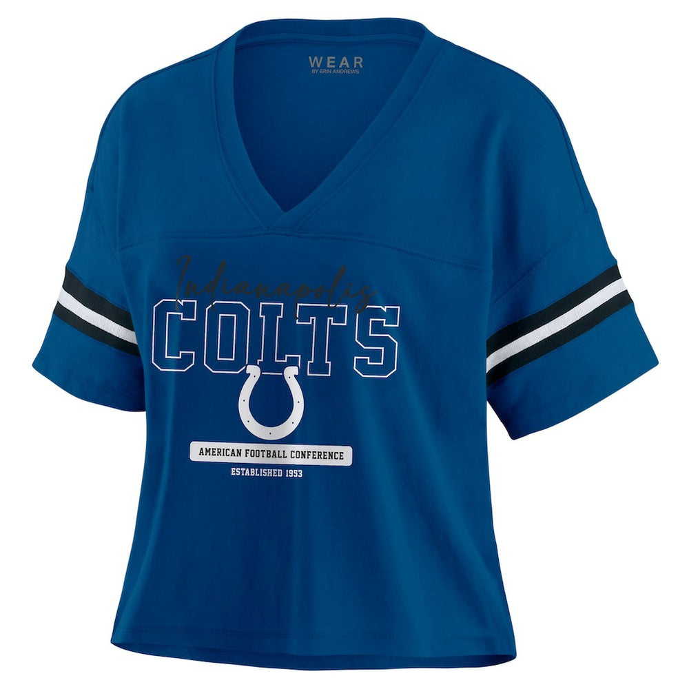 Indianapolis Colts WEAR by Erin Andrews Women's Color Block Boxy Modest Crop V-Neck T-Shirt Royal | NFL