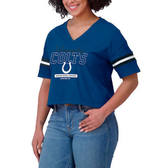 Indianapolis Colts WEAR by Erin Andrews Women's Color Block Boxy Modest Crop V-Neck T-Shirt Royal | NFL
