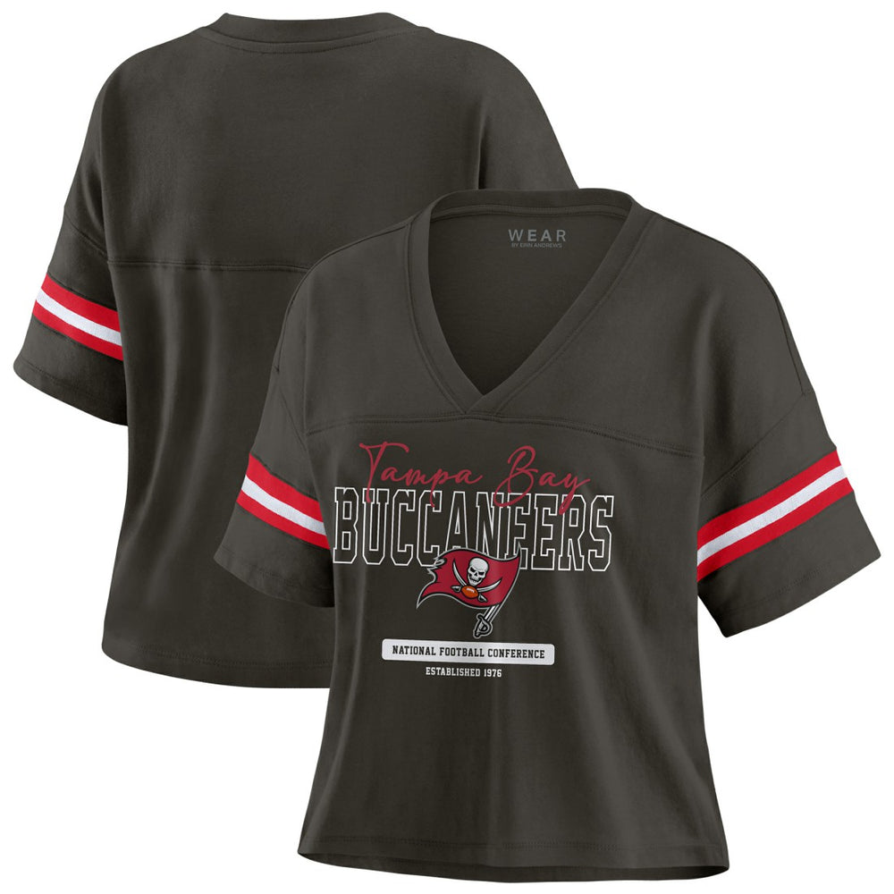 Tampa Bay Buccaneers WEAR by Erin Andrews Women's Color Block Boxy Modest Crop V-Neck T-Shirt Orange | NFL