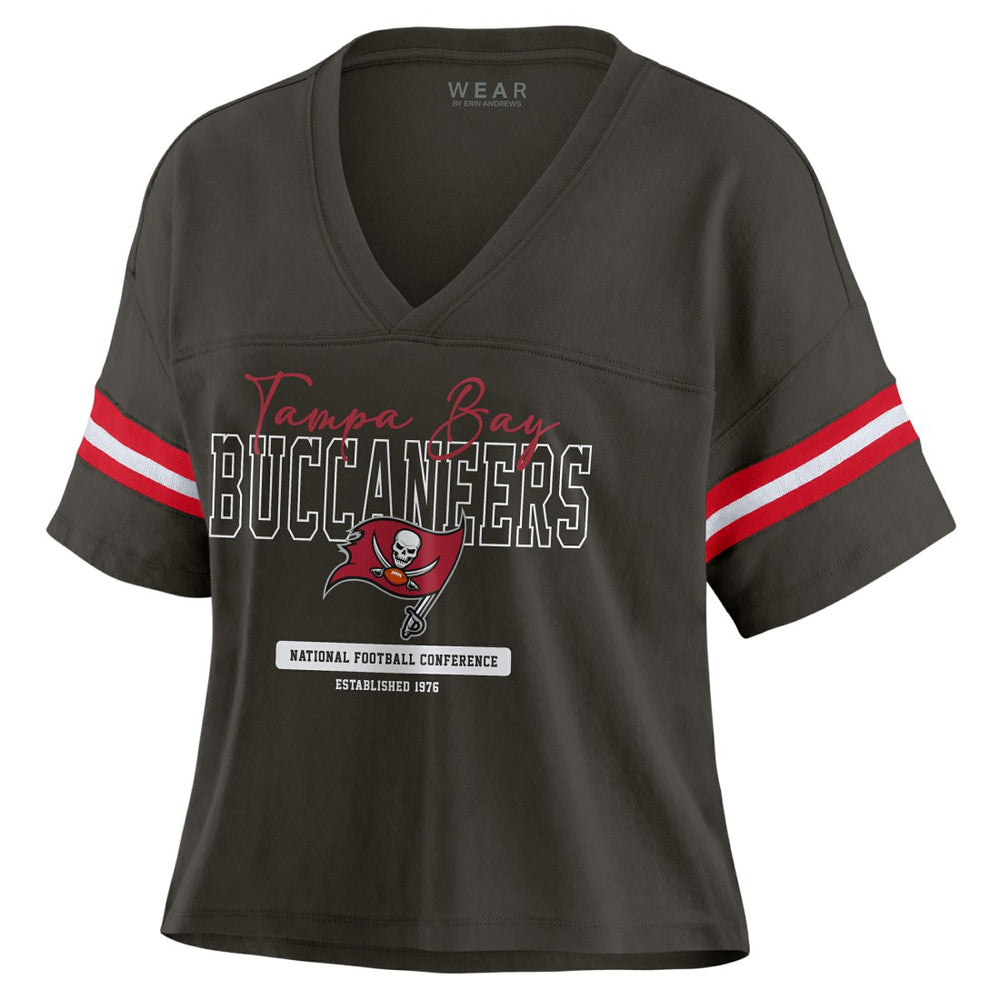 Tampa Bay Buccaneers WEAR by Erin Andrews Women's Color Block Boxy Modest Crop V-Neck T-Shirt Orange | NFL