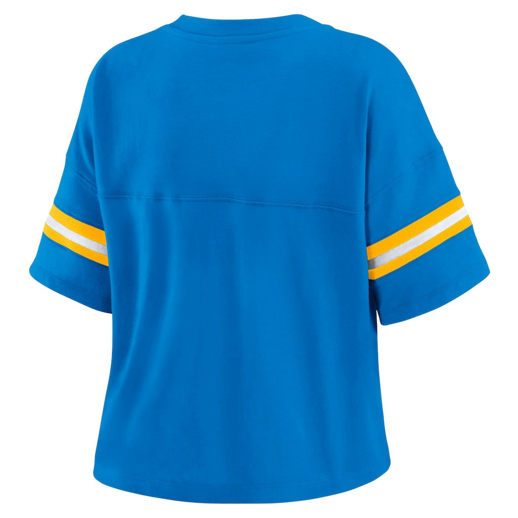 Los Angeles Chargers WEAR by Erin Andrews Women's Color Block Boxy Modest Crop V-Neck T-Shirt Powder Blue | NFL