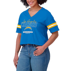 Los Angeles Chargers WEAR by Erin Andrews Women's Color Block Boxy Modest Crop V-Neck T-Shirt Powder Blue | NFL