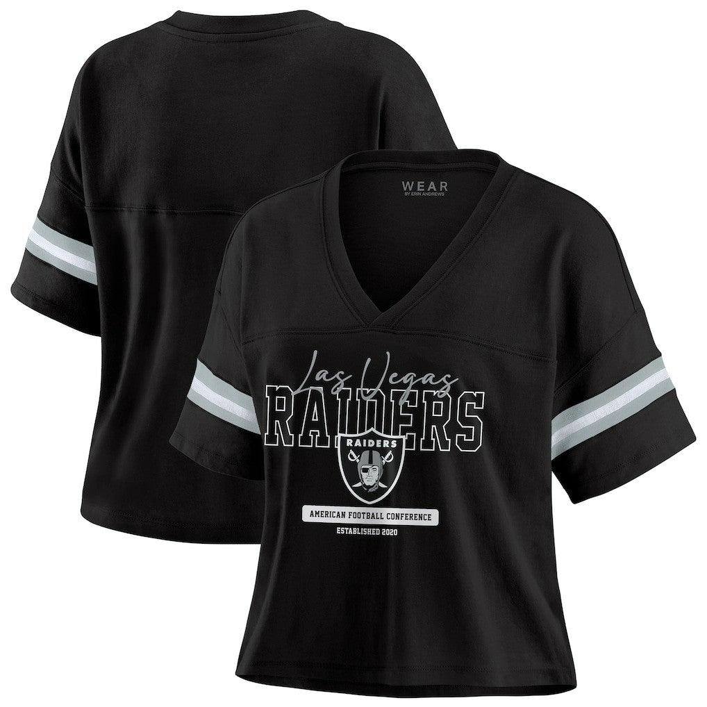 Las Vegas Raiders WEAR by Erin Andrews Women's Color Block Boxy Modest Crop V-Neck T-Shirt Black | NFL