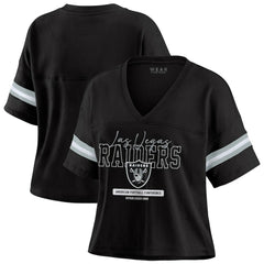 Las Vegas Raiders WEAR by Erin Andrews Women's Color Block Boxy Modest Crop V-Neck T-Shirt Black | NFL