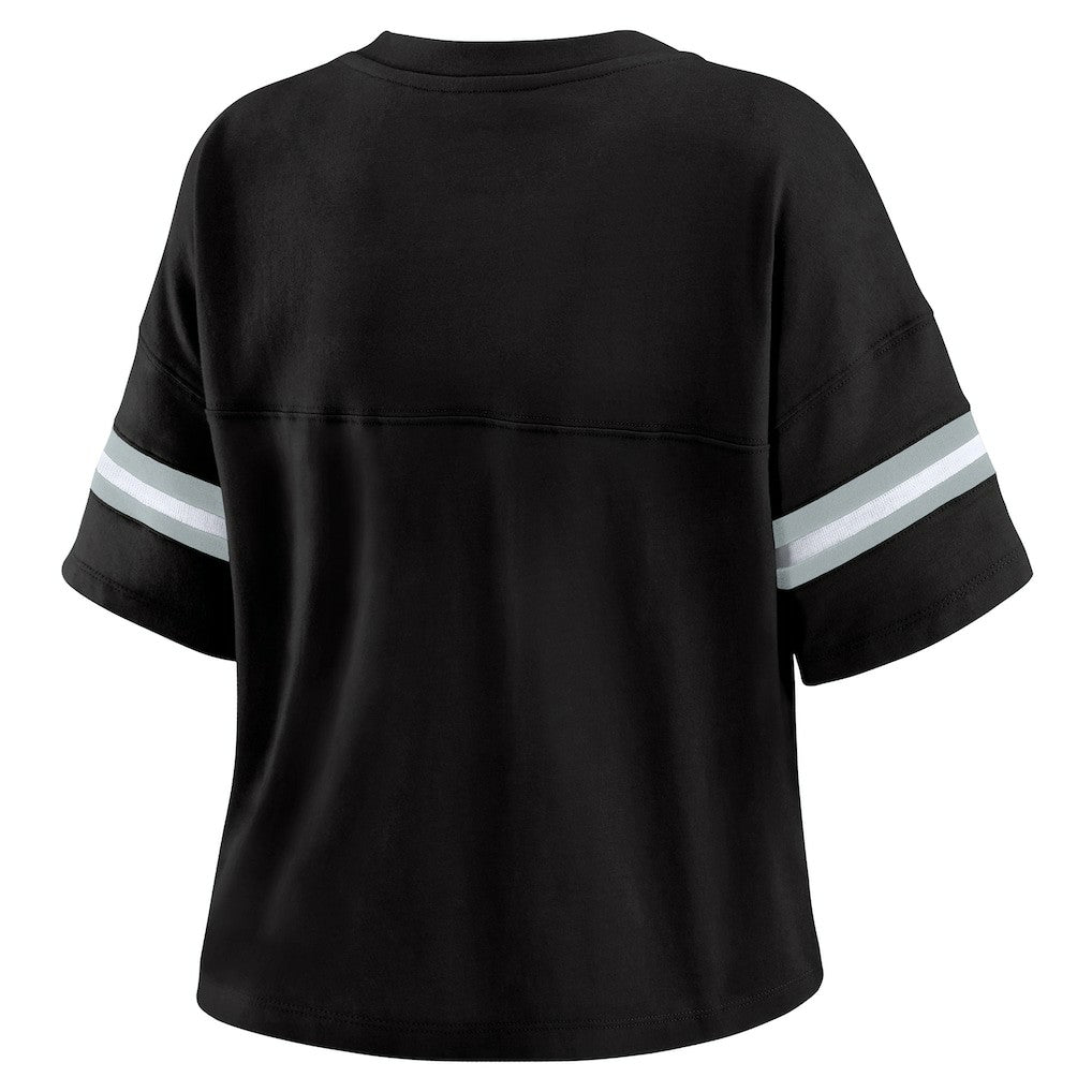 Las Vegas Raiders WEAR by Erin Andrews Women's Color Block Boxy Modest Crop V-Neck T-Shirt Black | NFL