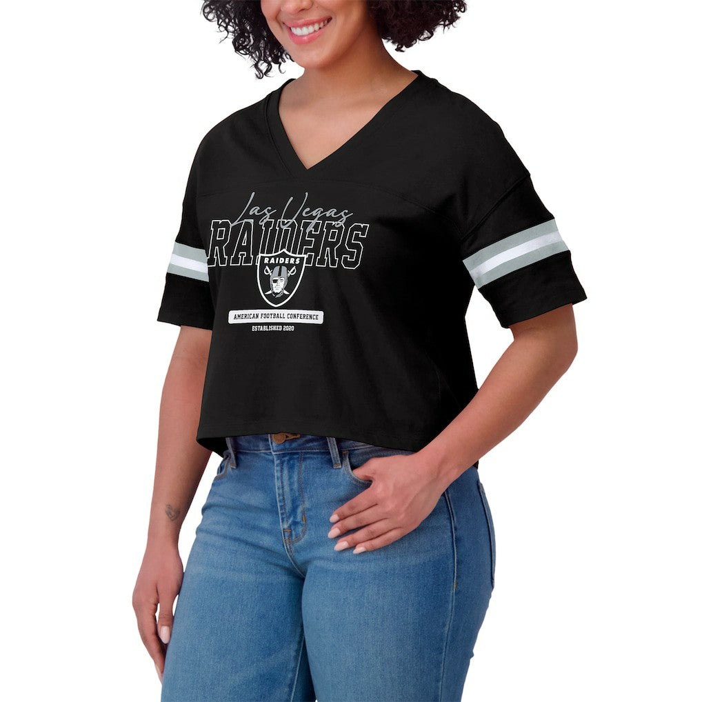 Las Vegas Raiders WEAR by Erin Andrews Women's Color Block Boxy Modest Crop V-Neck T-Shirt Black | NFL