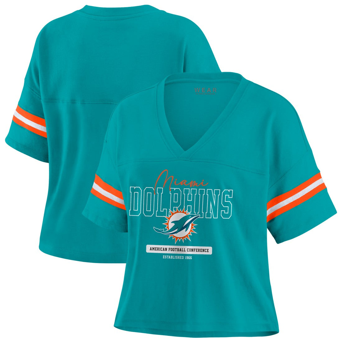 Miami Dolphins WEAR by Erin Andrews Women's Color Block Boxy Modest Crop V-Neck T-Shirt Aqua | NFL