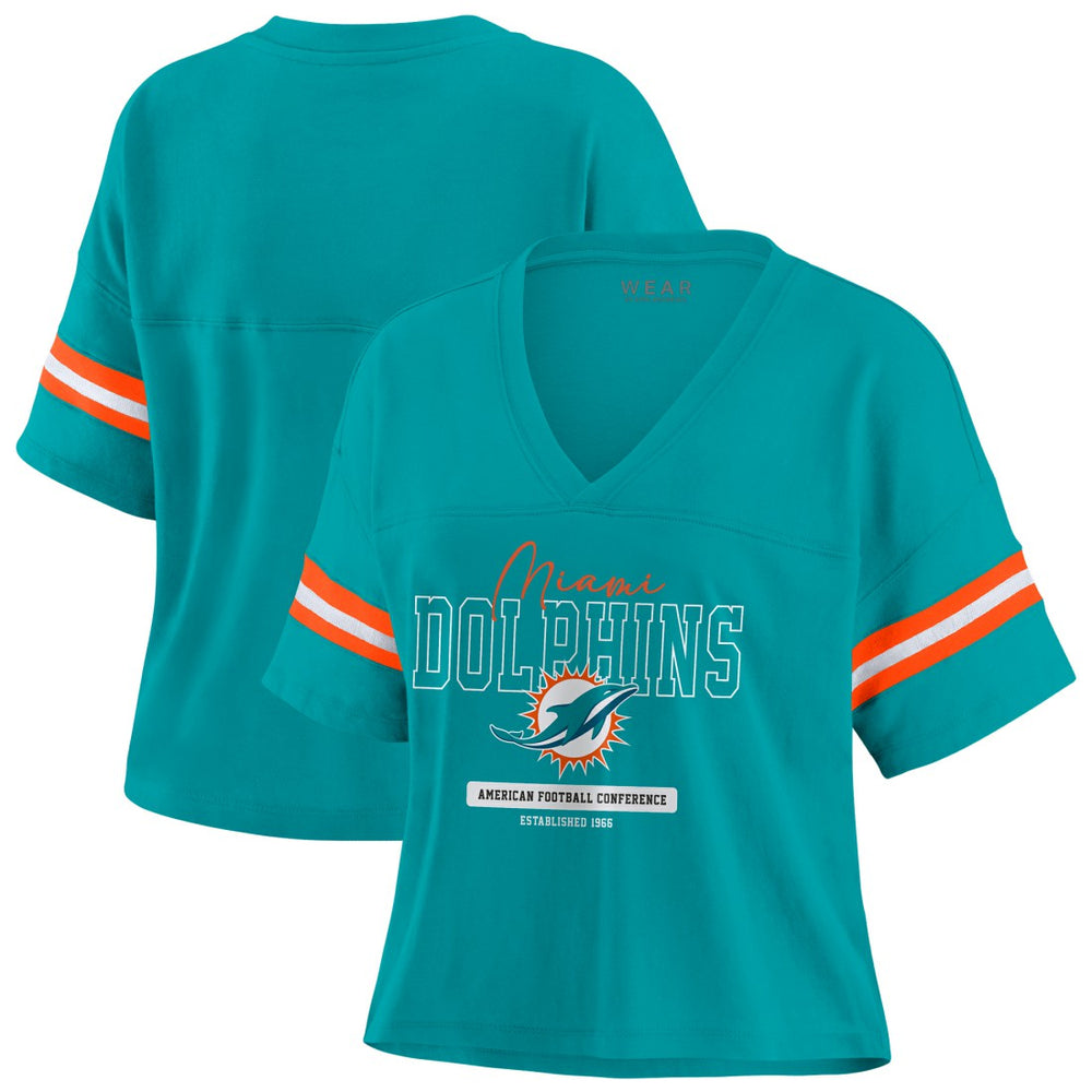 Miami Dolphins WEAR by Erin Andrews Women's Color Block Boxy Modest Crop V-Neck T-Shirt Aqua | NFL