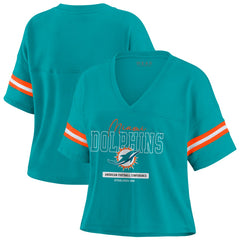 Miami Dolphins WEAR by Erin Andrews Women's Color Block Boxy Modest Crop V-Neck T-Shirt Aqua | NFL