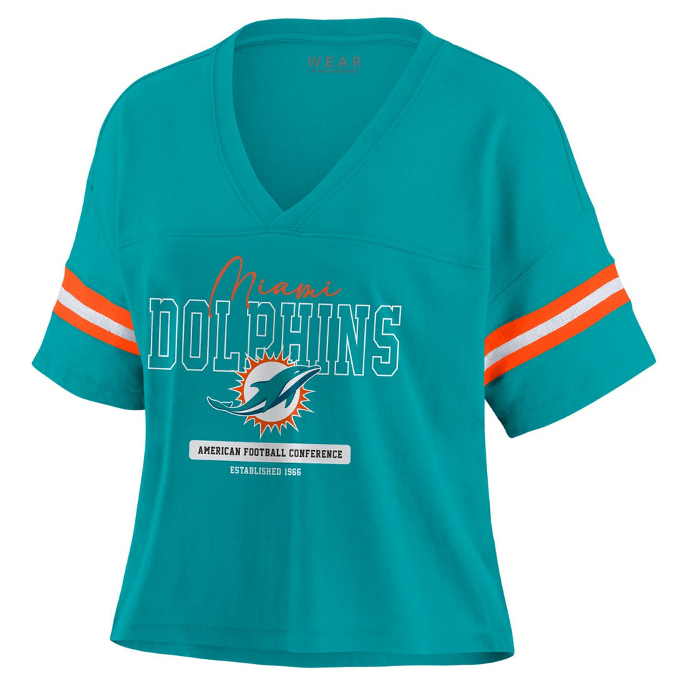 Miami Dolphins WEAR by Erin Andrews Women's Color Block Boxy Modest Crop V-Neck T-Shirt Aqua | NFL