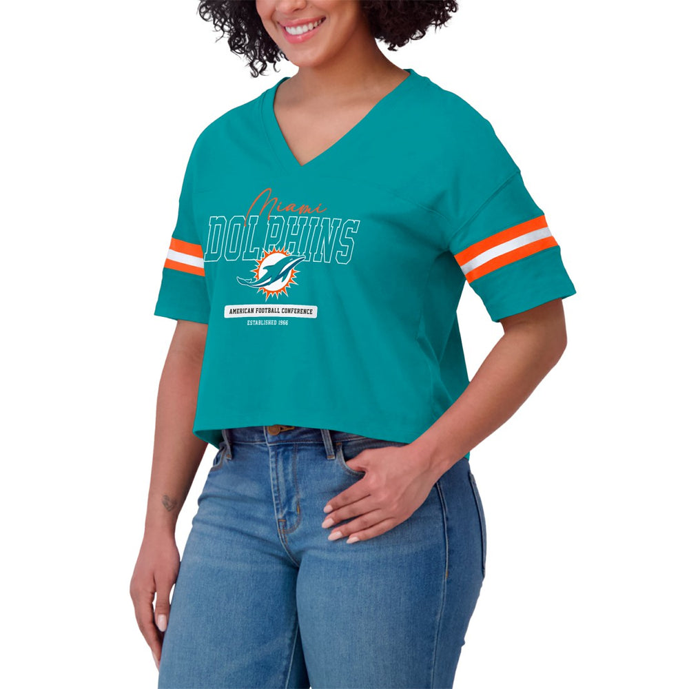 Miami Dolphins WEAR by Erin Andrews Women's Color Block Boxy Modest Crop V-Neck T-Shirt Aqua | NFL