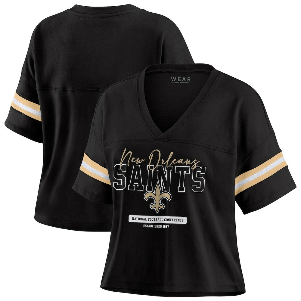 New Orleans Saints WEAR by Erin Andrews Women's Color Block Boxy Modest Crop V-Neck T-Shirt Black | NFL