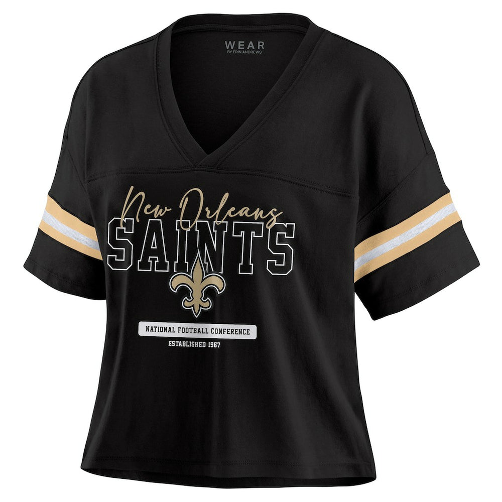 New Orleans Saints WEAR by Erin Andrews Women's Color Block Boxy Modest Crop V-Neck T-Shirt Black | NFL