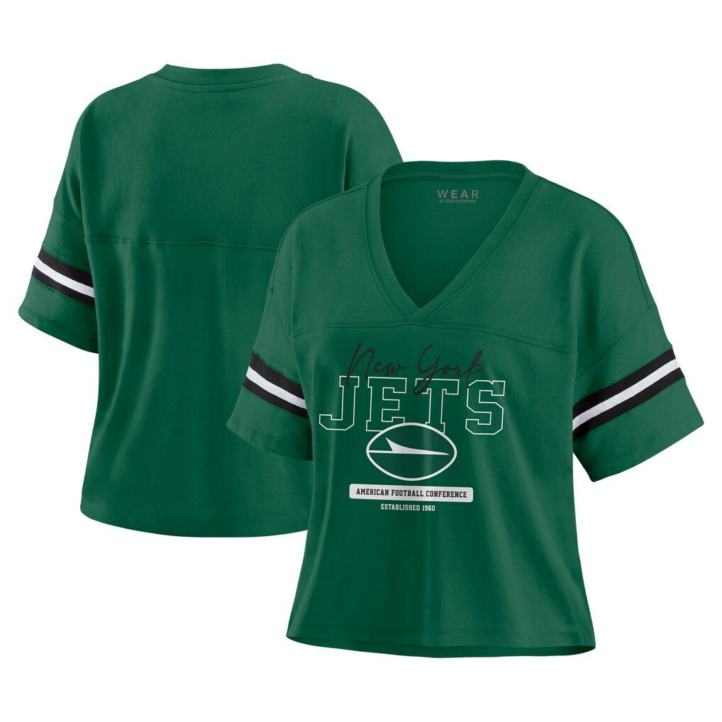 New York Jets WEAR by Erin Andrews Women's Color Block Boxy Modest Crop V-Neck T-Shirt Green | NFL