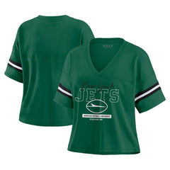 New York Jets WEAR by Erin Andrews Women's Color Block Boxy Modest Crop V-Neck T-Shirt Green | NFL