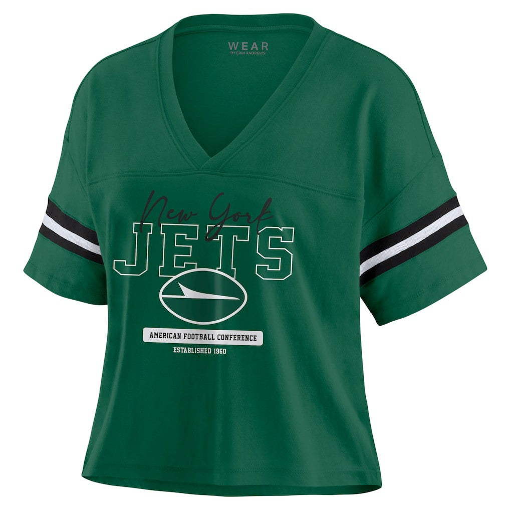 New York Jets WEAR by Erin Andrews Women's Color Block Boxy Modest Crop V-Neck T-Shirt Green | NFL