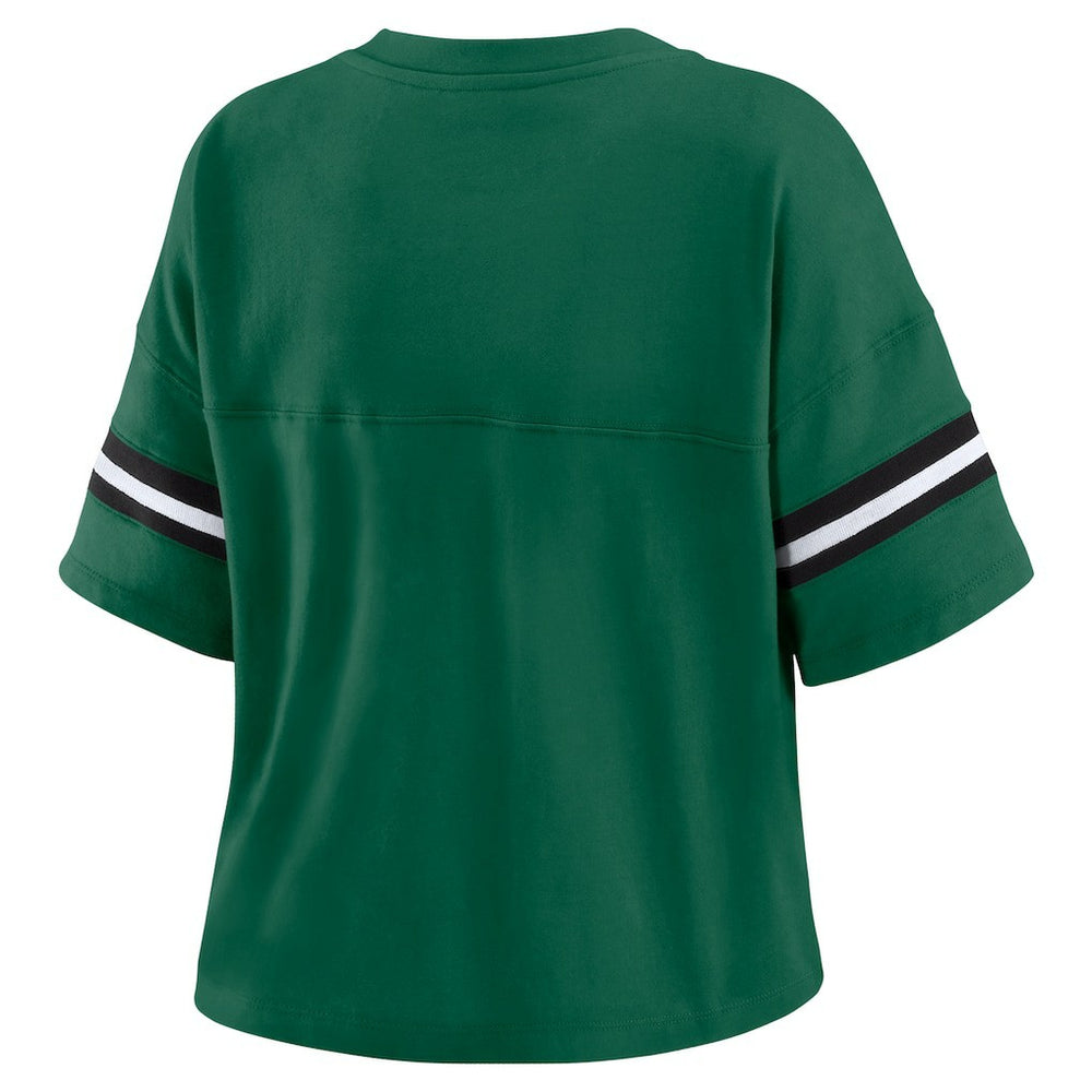 New York Jets WEAR by Erin Andrews Women's Color Block Boxy Modest Crop V-Neck T-Shirt Green | NFL