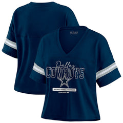 Dallas Cowboys WEAR by Erin Andrews Women's Color Block Boxy Modest Crop V-Neck T-Shirt Navy | NFL