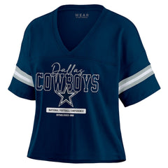 Dallas Cowboys WEAR by Erin Andrews Women's Color Block Boxy Modest Crop V-Neck T-Shirt Navy | NFL