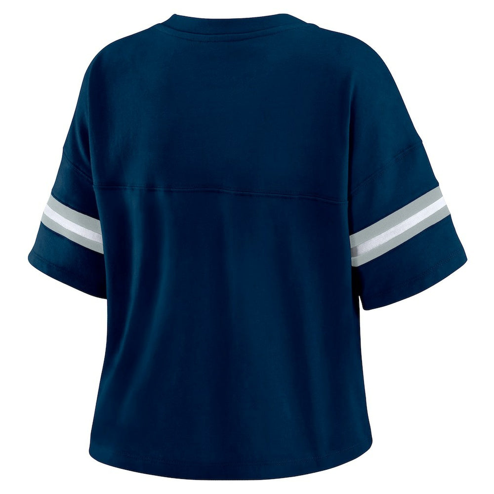 Dallas Cowboys WEAR by Erin Andrews Women's Color Block Boxy Modest Crop V-Neck T-Shirt Navy | NFL