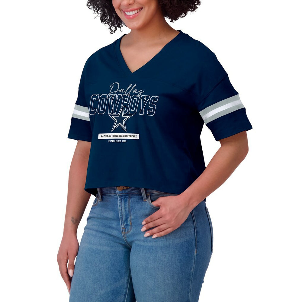 Dallas Cowboys WEAR by Erin Andrews Women's Color Block Boxy Modest Crop V-Neck T-Shirt Navy | NFL