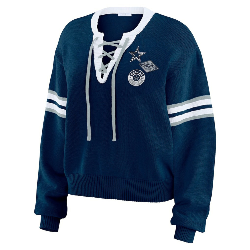Dallas Cowboys WEAR by Erin Andrews Women's Lace-Up Pullover Sweatshirt Navy | NFL