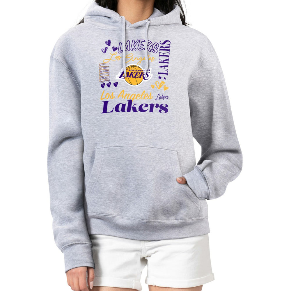 Los Angeles Lakers G-III 4Her by Carl Banks Women's Team Collage Graphic Fleece Pullover Hoodie Heather Gray - NBA