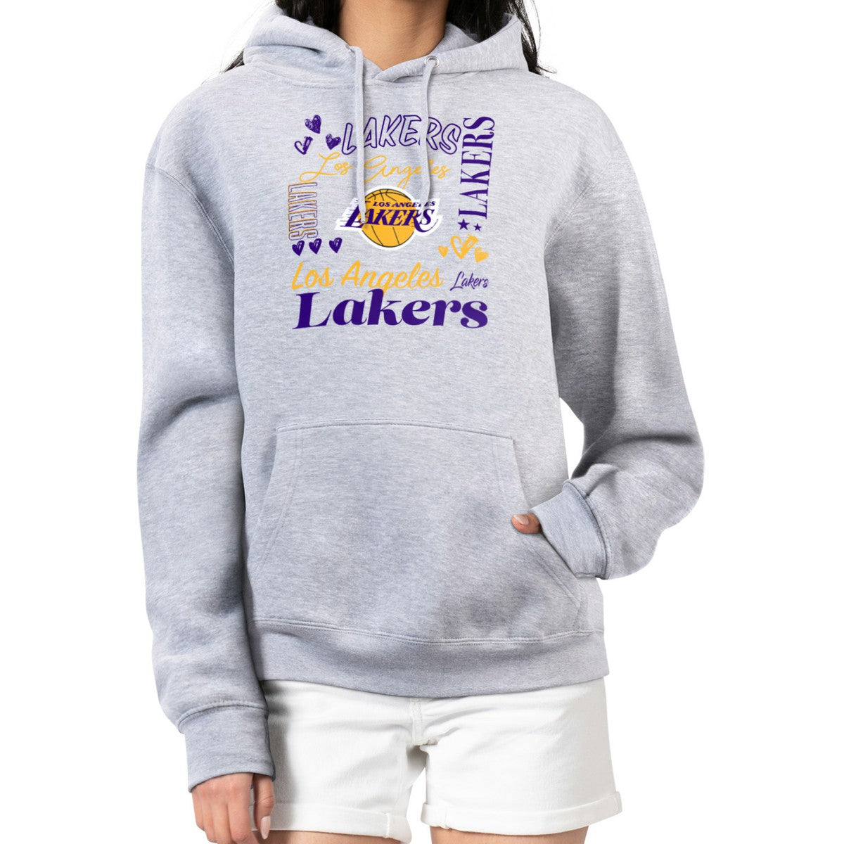 Los Angeles Lakers G-III 4Her by Carl Banks Women's Team Collage Graphic Fleece Pullover Hoodie Heather Gray - NBA