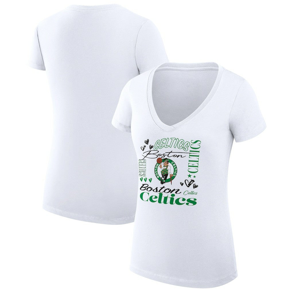 Boston Celtics G-III 4Her by Carl Banks Women's Super-Slim Fit Lightweight Team Name Collage Graphic V-Neck T-Shirt White - NBA