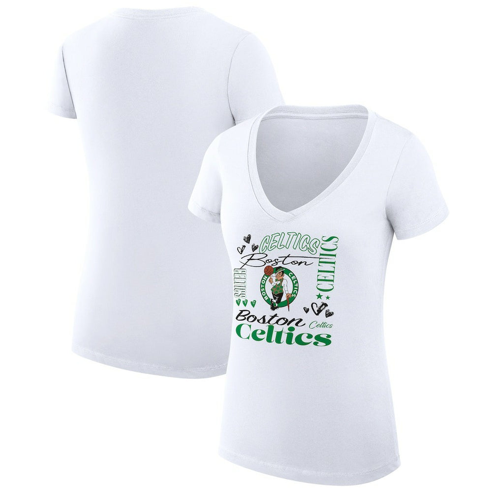 Boston Celtics G-III 4Her by Carl Banks Women's Super-Slim Fit Lightweight Team Name Collage Graphic V-Neck T-Shirt White - NBA