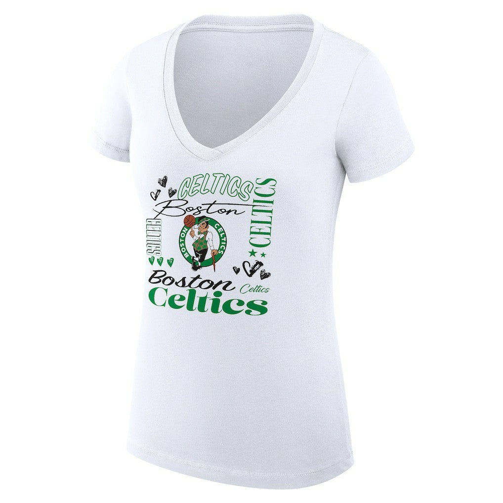Boston Celtics G-III 4Her by Carl Banks Women's Super-Slim Fit Lightweight Team Name Collage Graphic V-Neck T-Shirt White - NBA