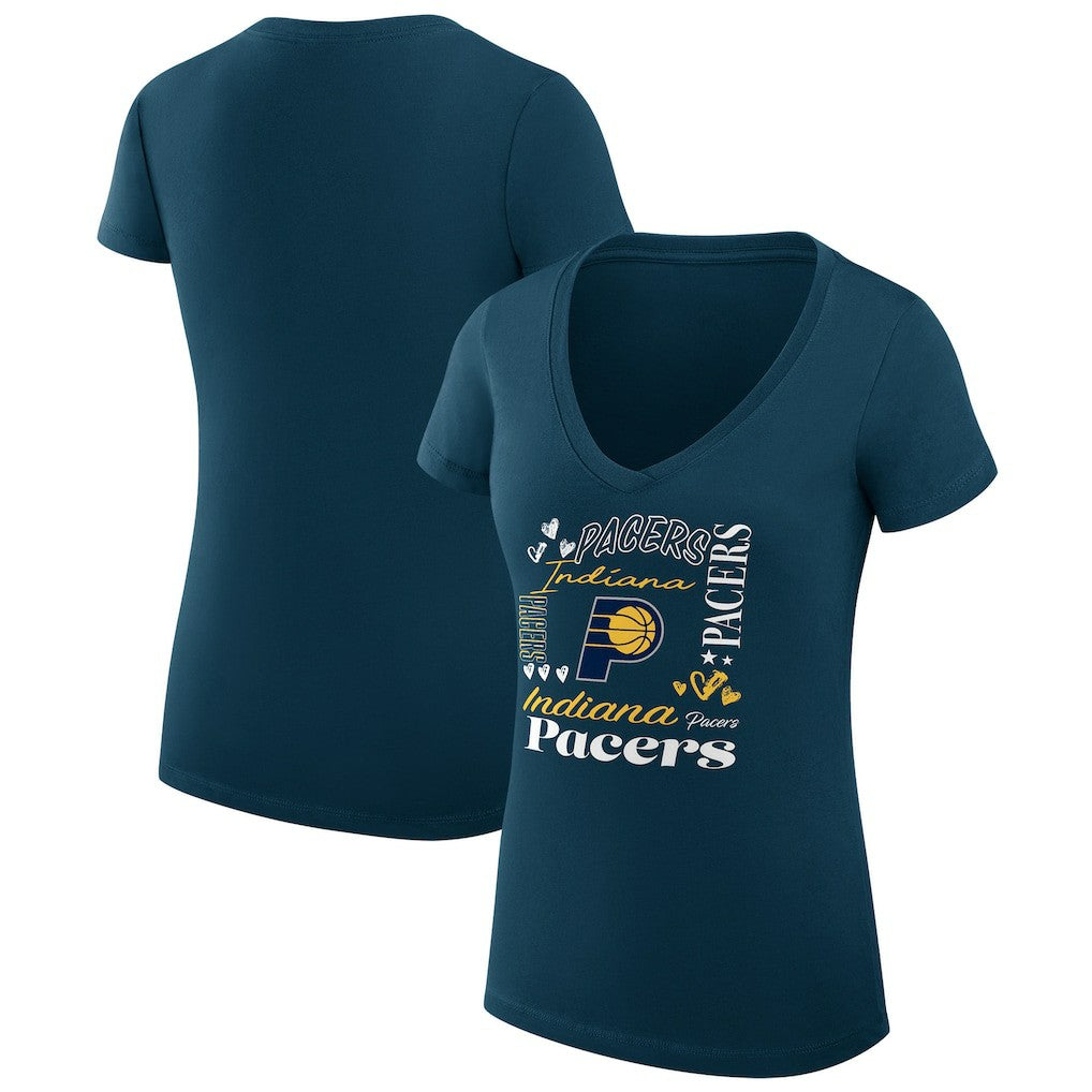 Indiana Pacers G-III 4Her by Carl Banks Women's Super-Slim Fit Lightweight Team Name Collage Graphic V-Neck T-Shirt Navy - NBA