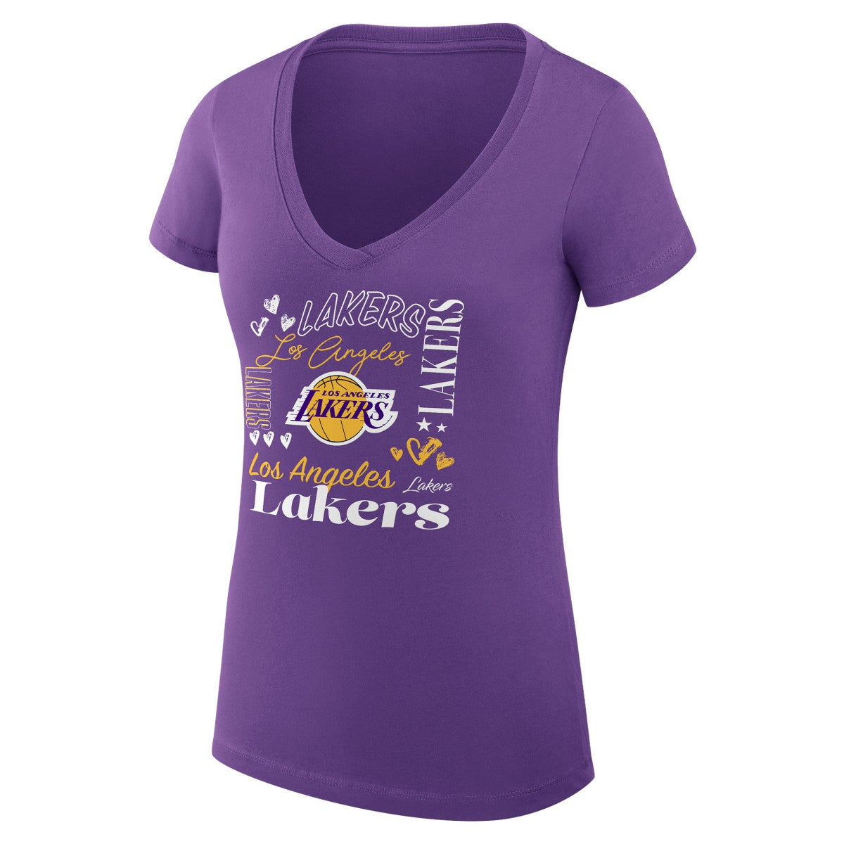 Los Angeles Lakers G-III 4Her by Carl Banks Women's Super-Slim Fit Lightweight Team Name Collage Graphic V-Neck T-Shirt Purple - NBA