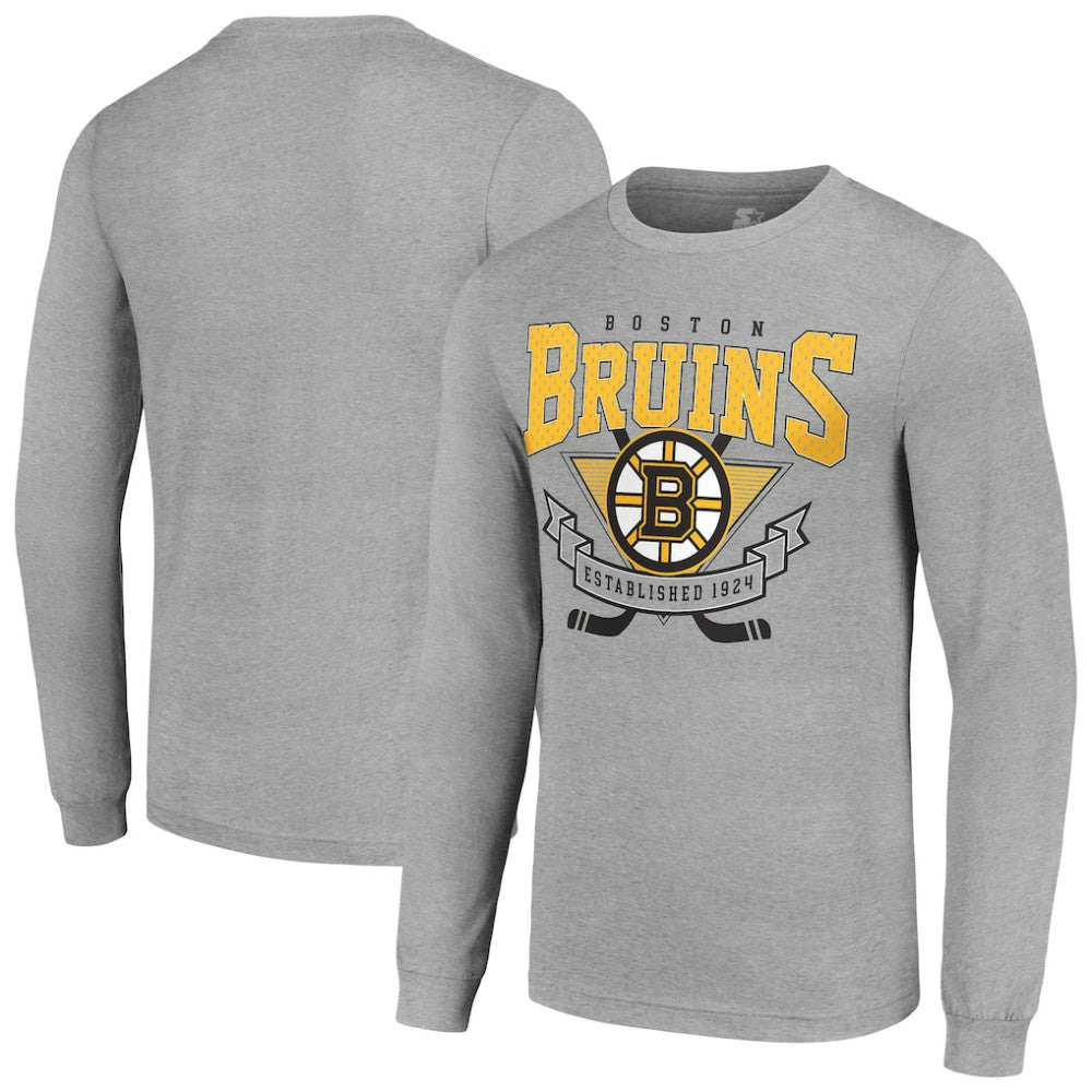 Boston Bruins Starter '80s Inspired Team Logo Long Sleeve T-Shirt - Heather Gray - NHL