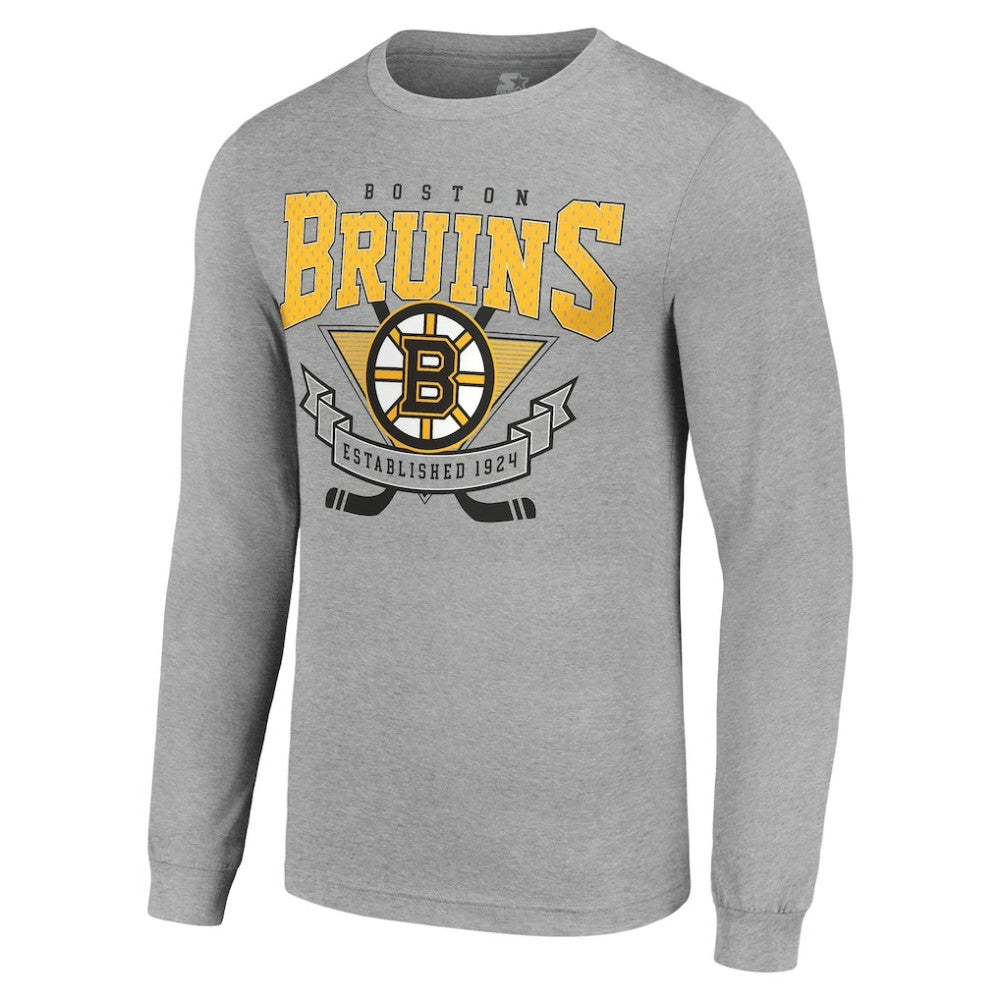 Boston Bruins Starter '80s Inspired Team Logo Long Sleeve T-Shirt - Heather Gray - NHL