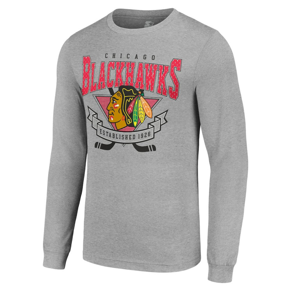 Chicago Blackhawks Starter '80s Inspired Team Logo Long Sleeve T-Shirt - Heather Gray - NHL
