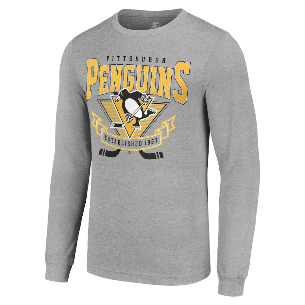 Pittsburgh Penguins Starter '80s Inspired Team Logo Long Sleeve T-Shirt - Heather Gray - NHL