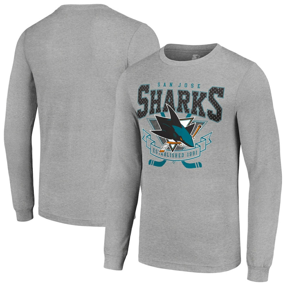 San Jose Sharks Starter '80s Inspired Team Logo Long Sleeve T-Shirt - Heather Gray - NHL