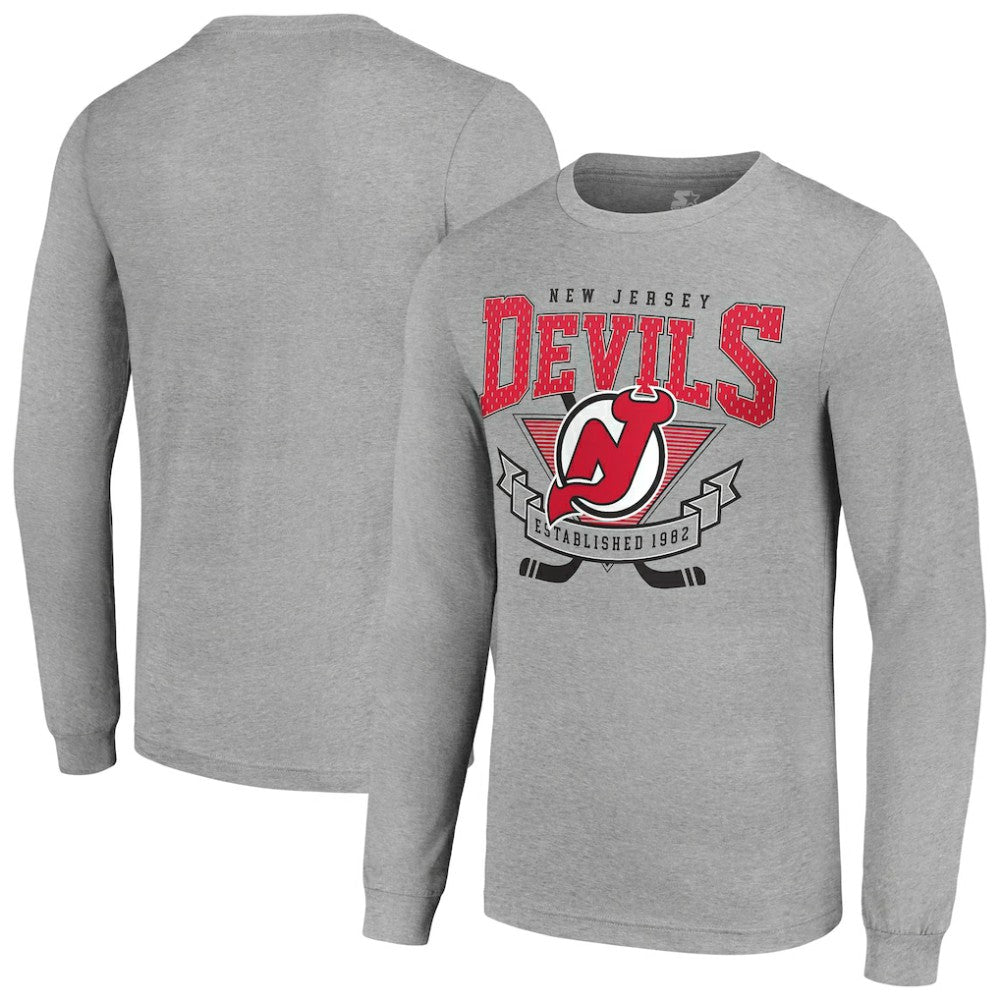 New Jersey Devils Starter '80s Inspired Team Logo Long Sleeve T-Shirt - Heather Gray - NHL
