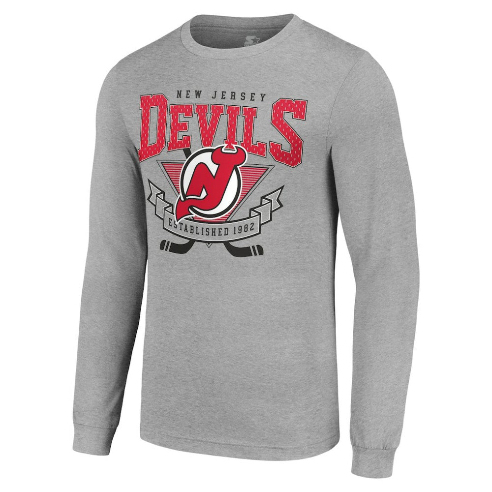 New Jersey Devils Starter '80s Inspired Team Logo Long Sleeve T-Shirt - Heather Gray - NHL