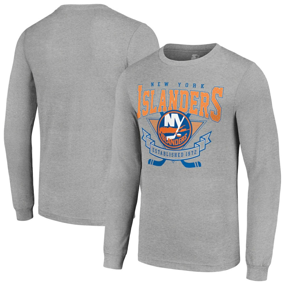 New York Islanders Starter '80s Inspired Team Logo Long Sleeve T-Shirt - Heather Gray - NHL