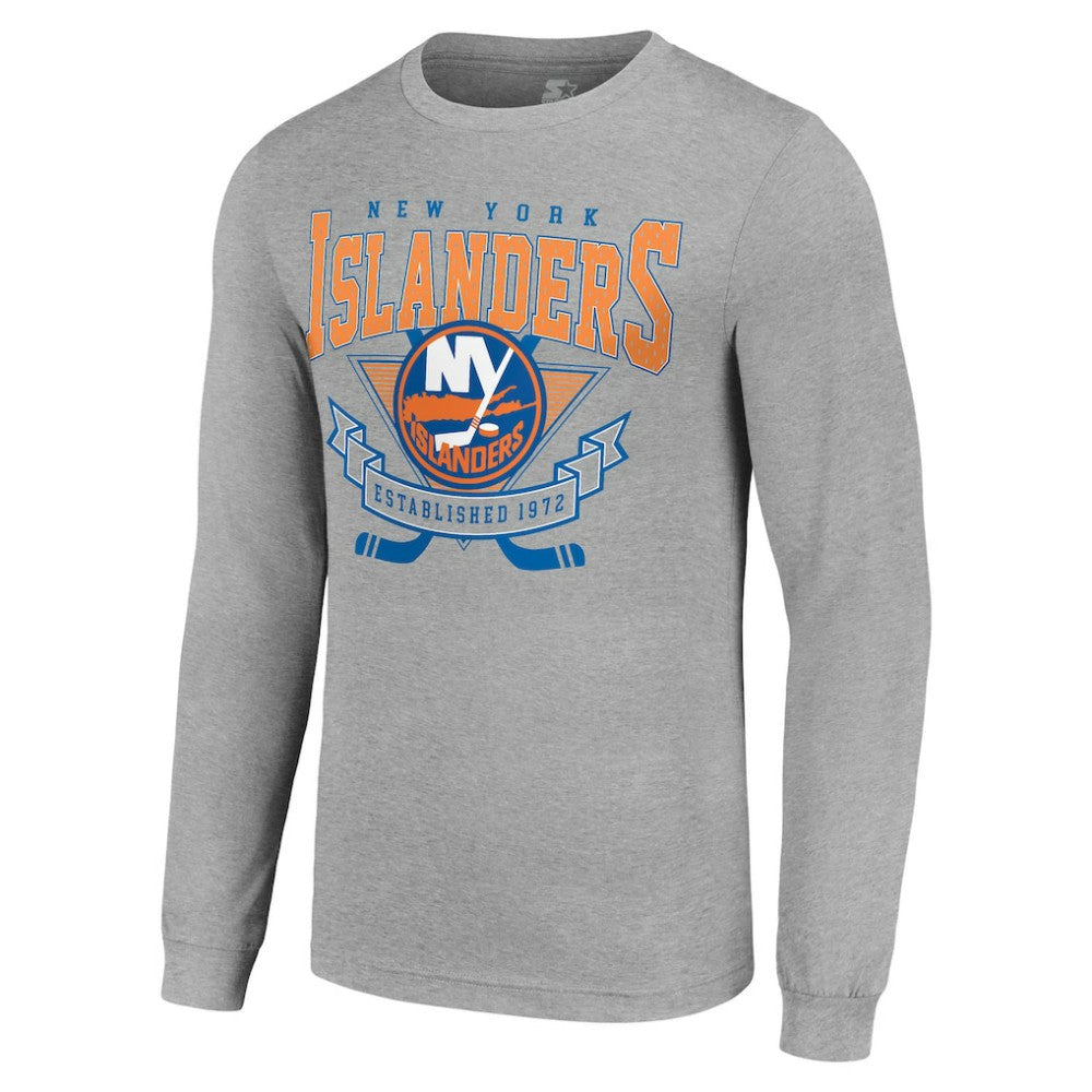 New York Islanders Starter '80s Inspired Team Logo Long Sleeve T-Shirt - Heather Gray - NHL