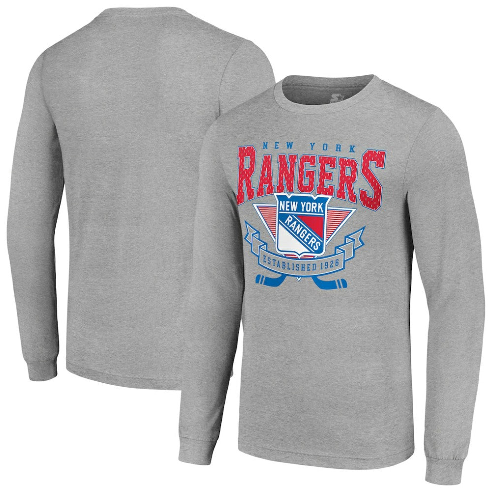 New York Rangers Starter '80s Inspired Team Logo Long Sleeve T-Shirt - Heather Gray - NHL