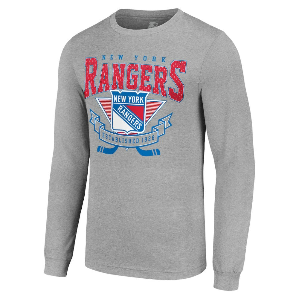 New York Rangers Starter '80s Inspired Team Logo Long Sleeve T-Shirt - Heather Gray - NHL